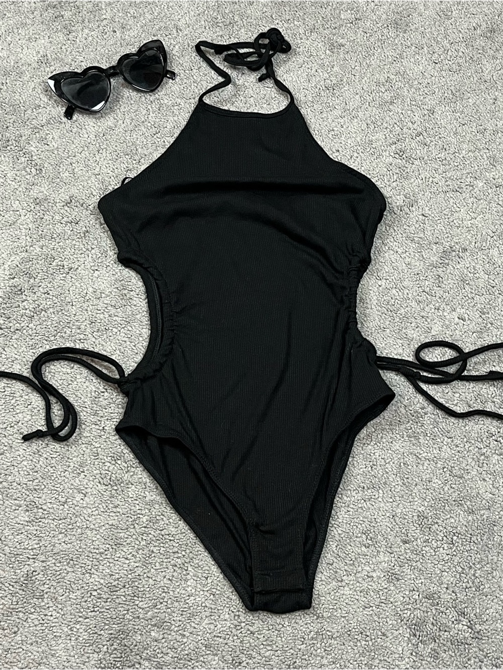 Black Ribbed Cutout One-Piece Bodysuit